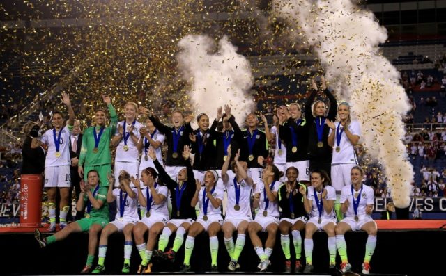 The United States Womens National team celebrates winning the 2016 SheBelieves Cup at FAU