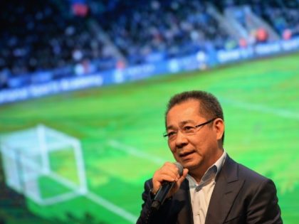 Leicester City owner Vichai Srivaddhanaprabha speaks on stage during a presentation of the