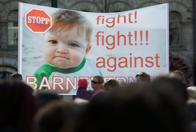 People protest in Oslo, Norway, on April 16, 2016 against the Norwegian child welfare serv