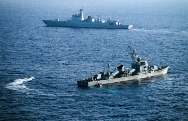 Crew members of China's South Sea Fleet taking part in a drill in the Xisha Islands, or th