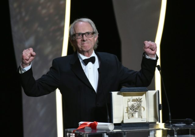 British Ken Loach celebrates after being awarded with the Palme d'Or for the film "I, Dani