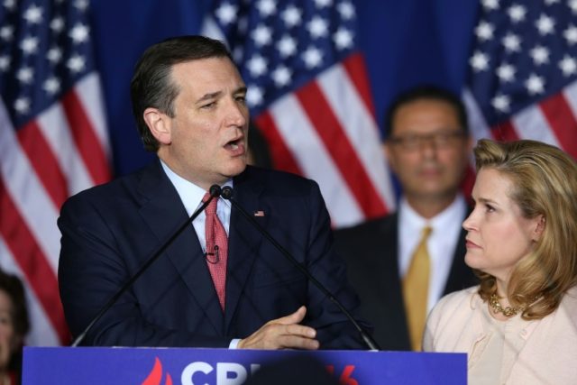 Republican presidential candidate, Sen. Ted Cruz (R-TX) speaks watched by his wife Heidi,