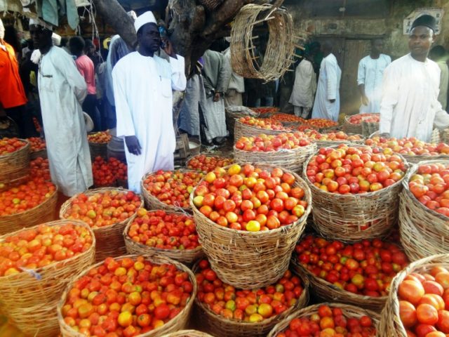 Tomato traders stand at the Yankaba vegetables market in northern Nigerian city of Kano, o