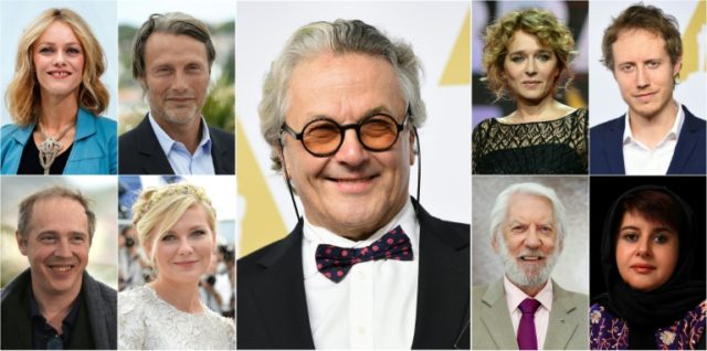 Australian director George Miller (C) and the eight jury members of the 69th Cannes Film F