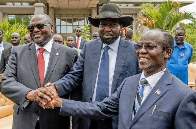 (From L) First Vice President of South Sudan Riek Machar, President Salva Kiir and Second