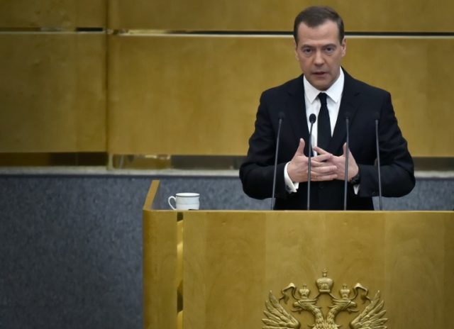 Russian Prime Minister Dmitry Medvedev addresses the State Duma, the lower chamber of the