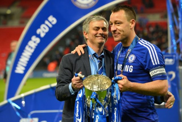 Then-Chelsea's manager Jose Mourinho (L) and Chelsea's captain John Terry (R) celebrate wi