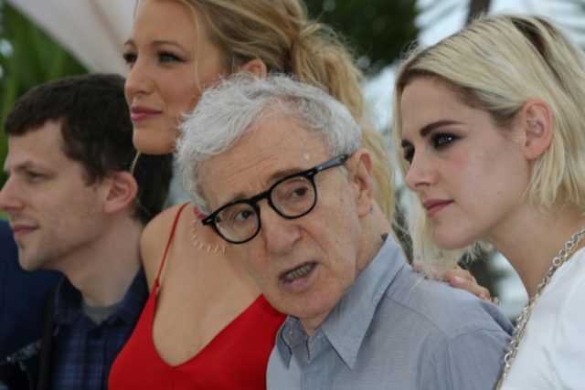 (From L) US actor Jesse Eisenberg, US actress Blake Lively, US director Woody Allen and US