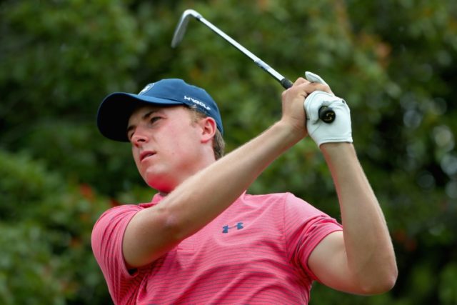 Jordan Spieth plays his shot from the fifth tee during Round Three at the AT&T Byron N