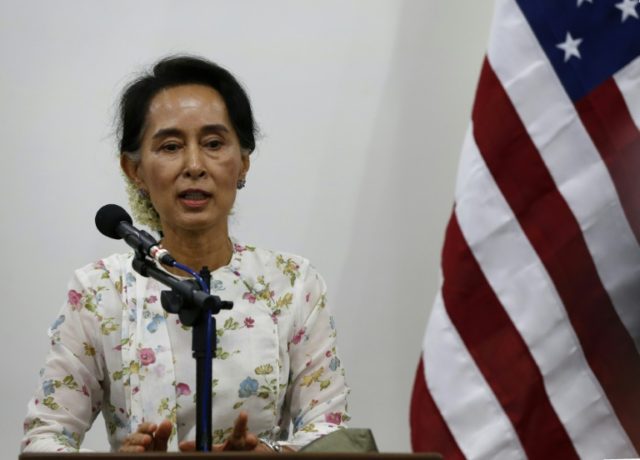 Myanmar Foreign Minister Aung San Suu Kyi speaks during a joint press conference with US S