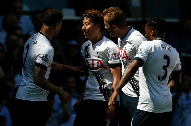Tottenham Hotspur's Son Heung-Min (C) celebrates with teammates after scoring a goal durin