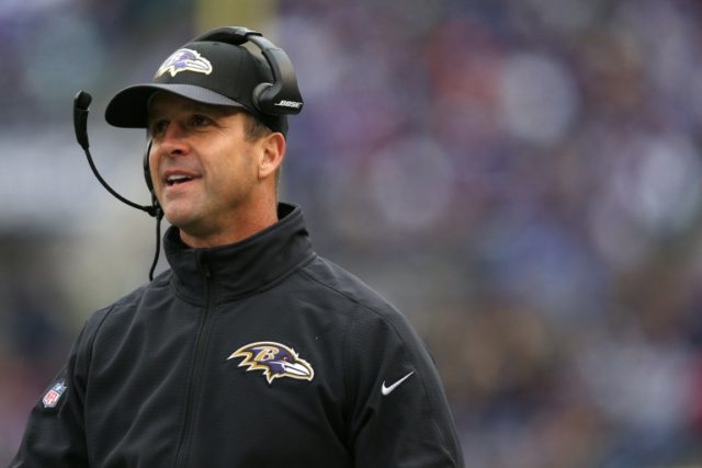 Head coach John Harbaugh of the Baltimore Ravens looks on during a game on November 22, 20