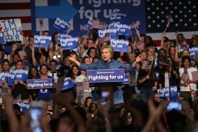 Democratic presidential candidate Hillary Clinton speaks to her supporters during her Prim