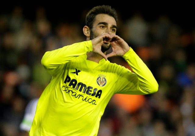 Villarreal's forward Adrian Lopez celebrates his second goal during the Spanish league foo