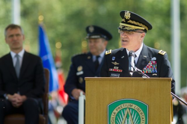 NATO's new supreme commander US General Curtis Mike Scaparrotti gives a speech on May 4, 2