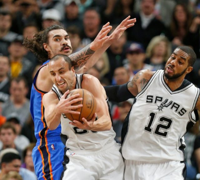 Manu Ginobili of the San Antonio Spurs grabs a rebound in front of Steven Adams of the Okl