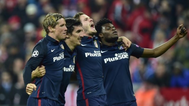 Atletico Madrid's players celebrate beating Bayern Munich in the Champions League semi-fin