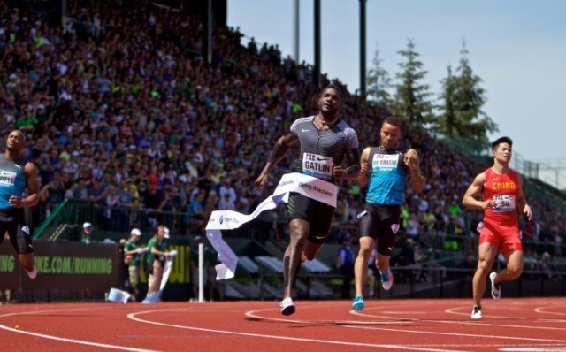 Justin Gatlin of the United States wins the 100 meter dash at Hayward Field on May 28, 201
