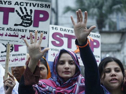 LAHORE, PAKISTAN - DECEMBER 12, 2015 - Pakistani activists of women workers hold placards and shout slogans during a protest mark as "16 days activism Stop Violence against Women" in Lahore. (Photo by Rana Sajid Hussain / Pacific Press) *** Please Use Credit from Credit Field *** (Sipa via AP …