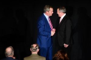 UK Independence Party (UKIP) leader Nigel Farage (L) shakes hands with former Conservative Party Chairman Liam Fox (R) during the launch of the "Grassroots Out", a new cross-party group that will campaign for the UK to leave the European Union, in the Kettering Conference Centre in Kettering, north of London, on January 23, 2016. An in-or-out referendum on Britain's membership of the bloc will be held by the end of 2017, with British Prime Minister David Cameron hoping to strike a deal on renegotiating Britain's ties, before campaigning to stay in the union. AFP PHOTO / LEON NEAL / AFP / LEON NEAL (Photo credit should read LEON NEAL/AFP/Getty Images)
