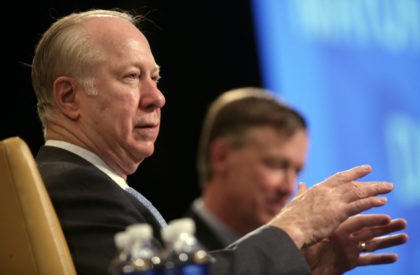 David Gergen, left, makes a point while appearing with Denver Mayor John Hickenlooper at t