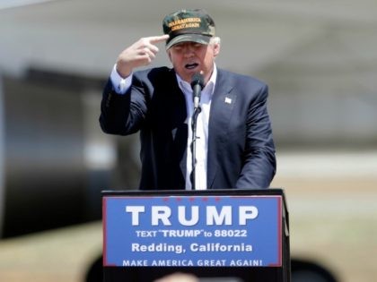Donald Trump, the presumptive Republican presidential nominee gestures to a his camouflaged "Make America Great" hat as he discuses his support by the National Rifle Association at a campaign rally at the Redding Municipal Airport Friday, June 3, 2016, in Redding, Calif. (AP Photo/Rich Pedroncelli)