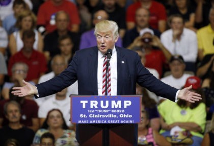 Republican presidential candidate Donald Trump speaks during a rally at Ohio University Ea