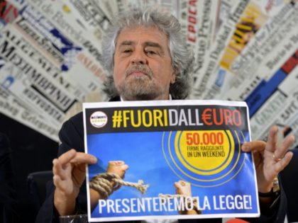 Five Stars movement's leader Beppe Grillo shows a paper reading 'Out of the Euro - 50.000 signatures in a week-end' during a press conference on December 18, 2014 in Rome.