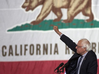 Democratic presidential candidate Senator Bernie Sanders raises his fist at his California primary election night rally on June 7, 2016 in Santa Monica, California. Hillary Clinton held an early lead in today's California primary. (Photo by David McNew/Getty Images)