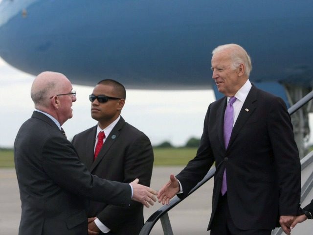 Vice President Joe Biden arrives at Dublin International Airport and is greeted by Charles Flanagan, Minister for Foreign Affairs and Trade, in Dublin, Ireland, June 21, 2016. (Official White House Photo by David Lienemann)