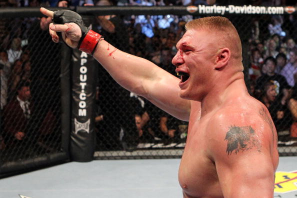 LAS VEGAS - JULY 03: Brock Lesnar reacts after his second round submission victory agains