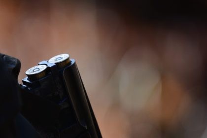 Two cartridges are loaded in a shotgun during a big game hunt in a wood on February 14, 20