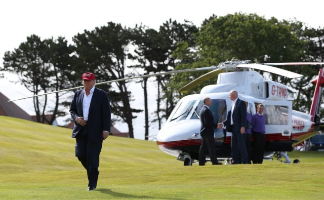 AYR, SCOTLAND - JULY 30: Republican Presidential Candidate Donald Trump arrives by helico