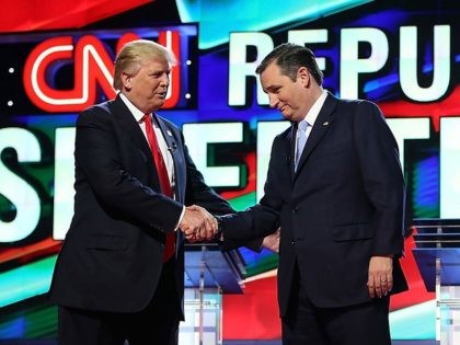 CORAL GABLES, FL - MARCH 10: Republican presidential candidates, Donald Trump, Sen. Ted Cruz (R-TX), and Ohio Gov. John Kasich stand on stage as they arrive for the CNN, Salem Media Group, The Washington Times Republican Presidential Primary Debate on the campus of the University of Miami on March 10, …