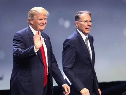 Republican presidential candidate Donald Trump is introduced with Wayne LaPierre, Executive Vice President of the National Rifle Association, at the National Rifle Association's NRA-ILA (Institute for Legislative Action) Leadership Forum during the NRA Convention at the Kentucky Exposition Center on May 20, 2016 in Louisville, Kentucky. The NRA endorsed Trump …