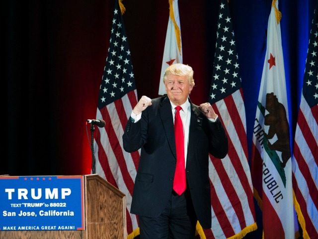 epublican presidential candidate Donald Trump gestures during a rally at the San Jose Conv