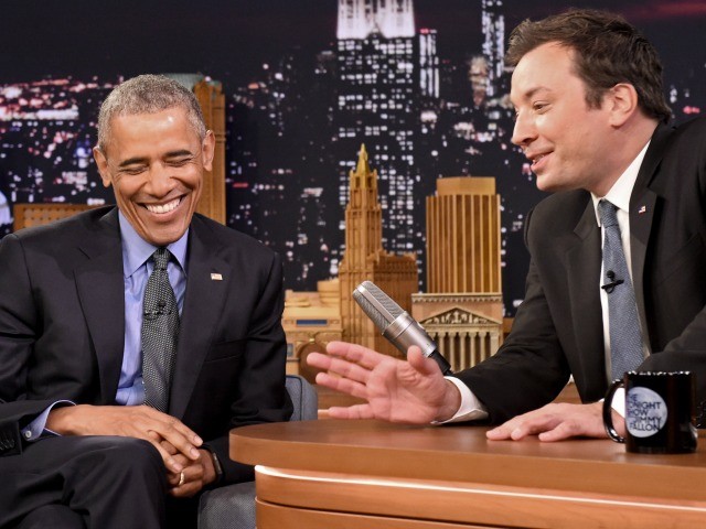 President Barack Obama speaks with Jimmy Fallon on the set of the 'The Tonight Show Starring Jimmy Fallon' on June 8, 2016 in New York City. President Obama is the first sitting president to appear on the show. (Photo by 