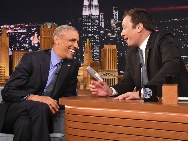 President Barack Obama speaks with Jimmy Fallon on the set of the 'The Tonight Show S