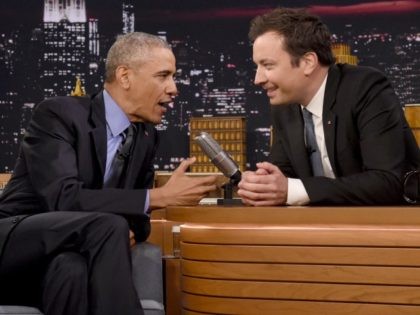 President Barack Obama speaks with Jimmy Fallon on the set of the 'The Tonight Show S