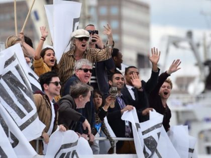 A boat carrying supporters for the Remain in the EU campaign including Bob Geldof (C) shou