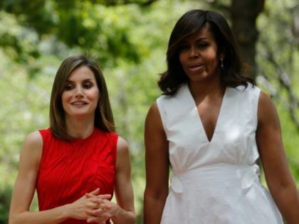 In this handout image provided by the Spanish Royal Palace, Queen Letizia of Spain and Michelle Obama are seen at Zarzuela Palace on June 30, 2016 in Madrid, Spain. (Photo by