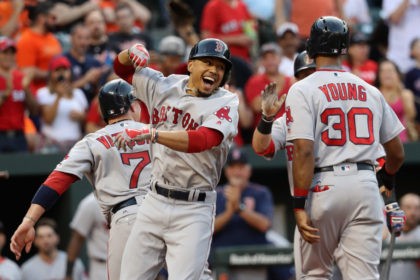 BALTIMORE, MD - MAY 31: Mookie Betts #50 of the Boston Red Sox (L) celebrates with Chris Y