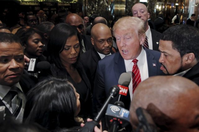 Presidential candidate Donald Trump speaks to the media after meeting with a group of blac