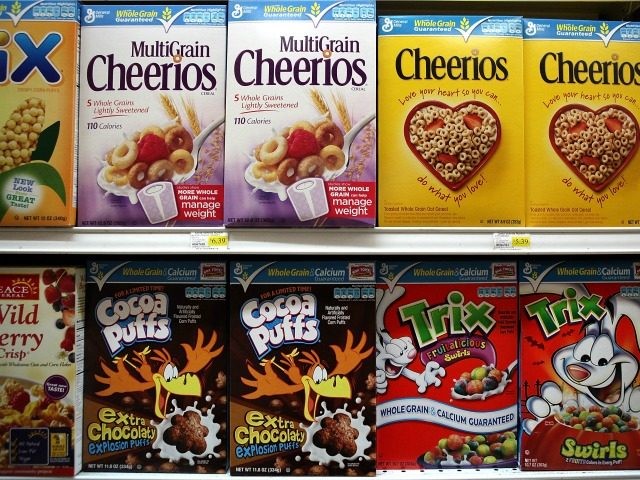 Boxes of General Mills cereals sit on the shelf at Santa Venetia Market on March 18, 2011