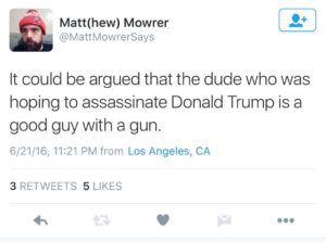 Matthew Mowrer praising Trump assassination attempt 