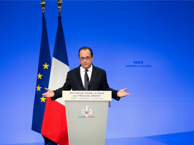 French President Francois Hollande delivers a speech at the opening of an international meeting in a bid to revive the Israeli-Palestinian peace process in Paris, on June 3, 2016.