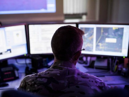 UEDEM, GERMANY - OCTOBER 06: A soldier works in the NATO Combined Air Operations Centre on October 06, 2015 in Uedem, Germany. Here the german airspace get controlled and air operations get started. (Photo by Florian Gaertner/Photothek via Getty Images)