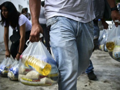 Bags of basic foodstuffs are pictured in one of the food distribution centers called CLAP