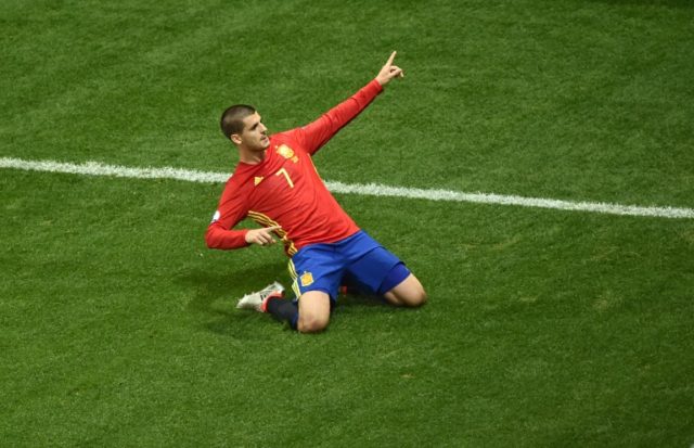Spain's forward Alvaro Morata celebrates after scoring the 1-0 during the Euro 2016 group
