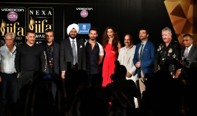 Indian Bollywood actors and directors pose before the press conference for the 17th editio